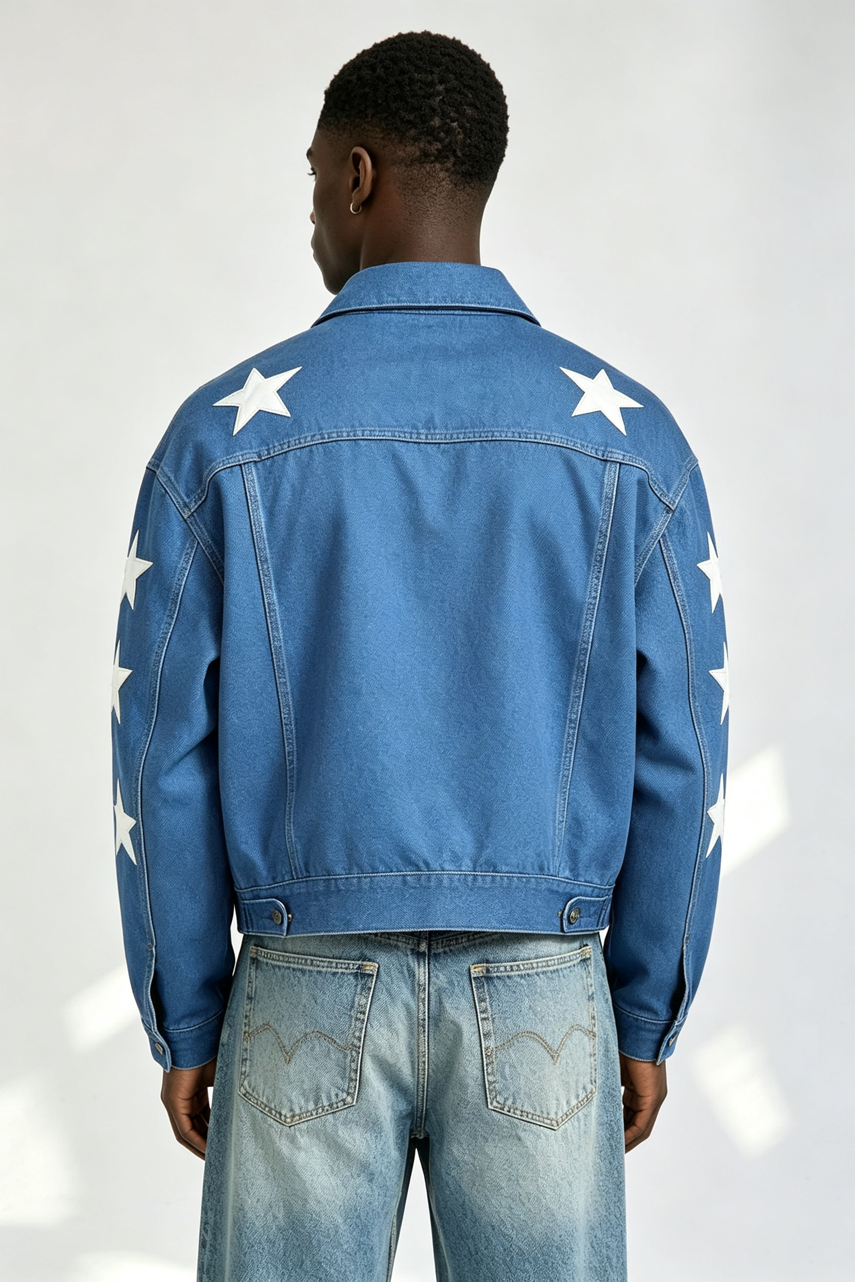 Custom Men Blue Twill Star Applique Zip Jacket, White Star Leather Patch Cropped Boxy Streetwear Coach Jacket