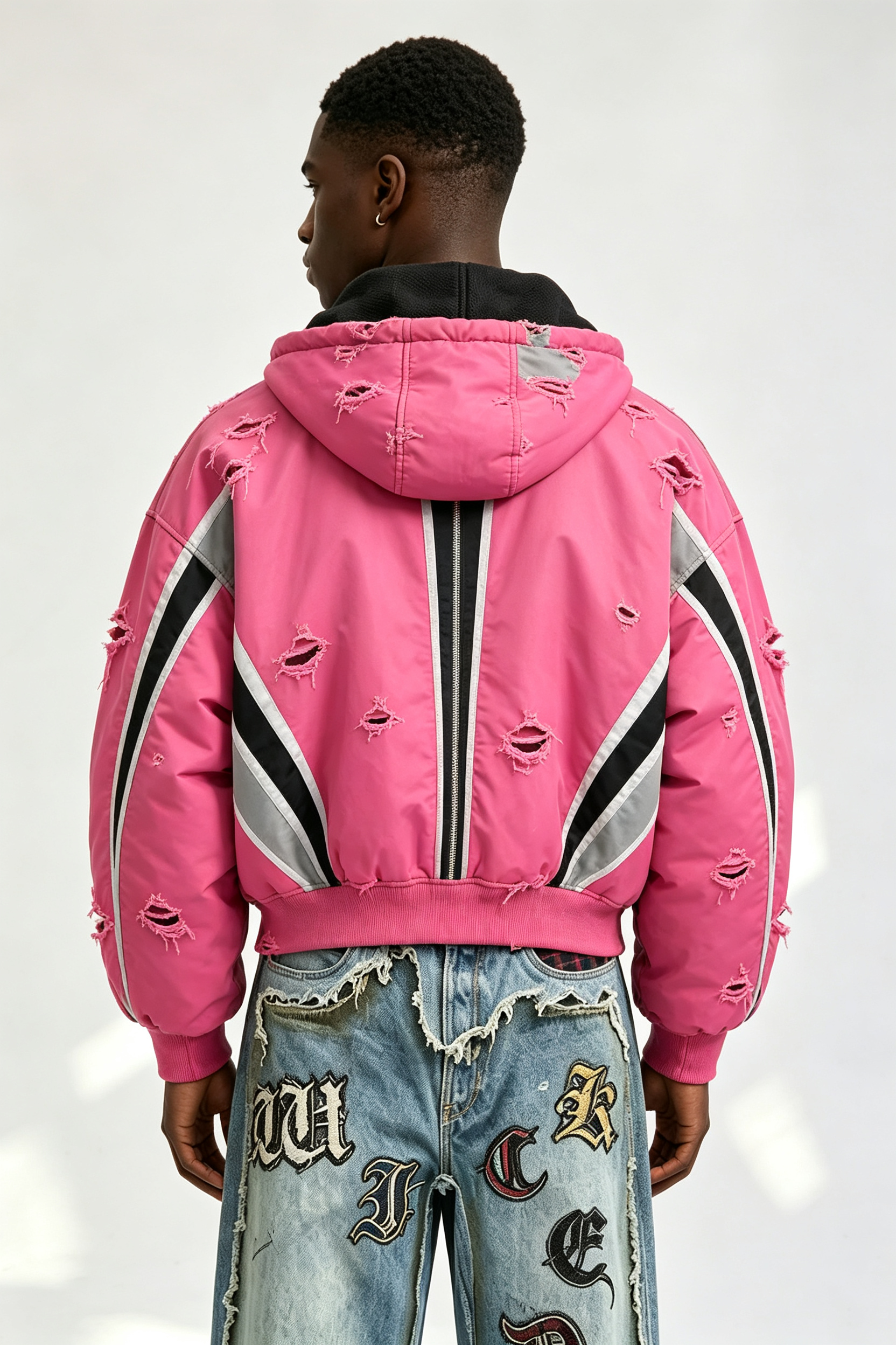 Custom Men Pink Color Block Destroyed Hooded Bomber Jacket, Frayed Ripped Streetwear Zip Up Cropped Padded Coat
