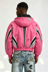 Custom Men Pink Color Block Destroyed Hooded Bomber Jacket, Frayed Ripped Streetwear Zip Up Cropped Padded Coat