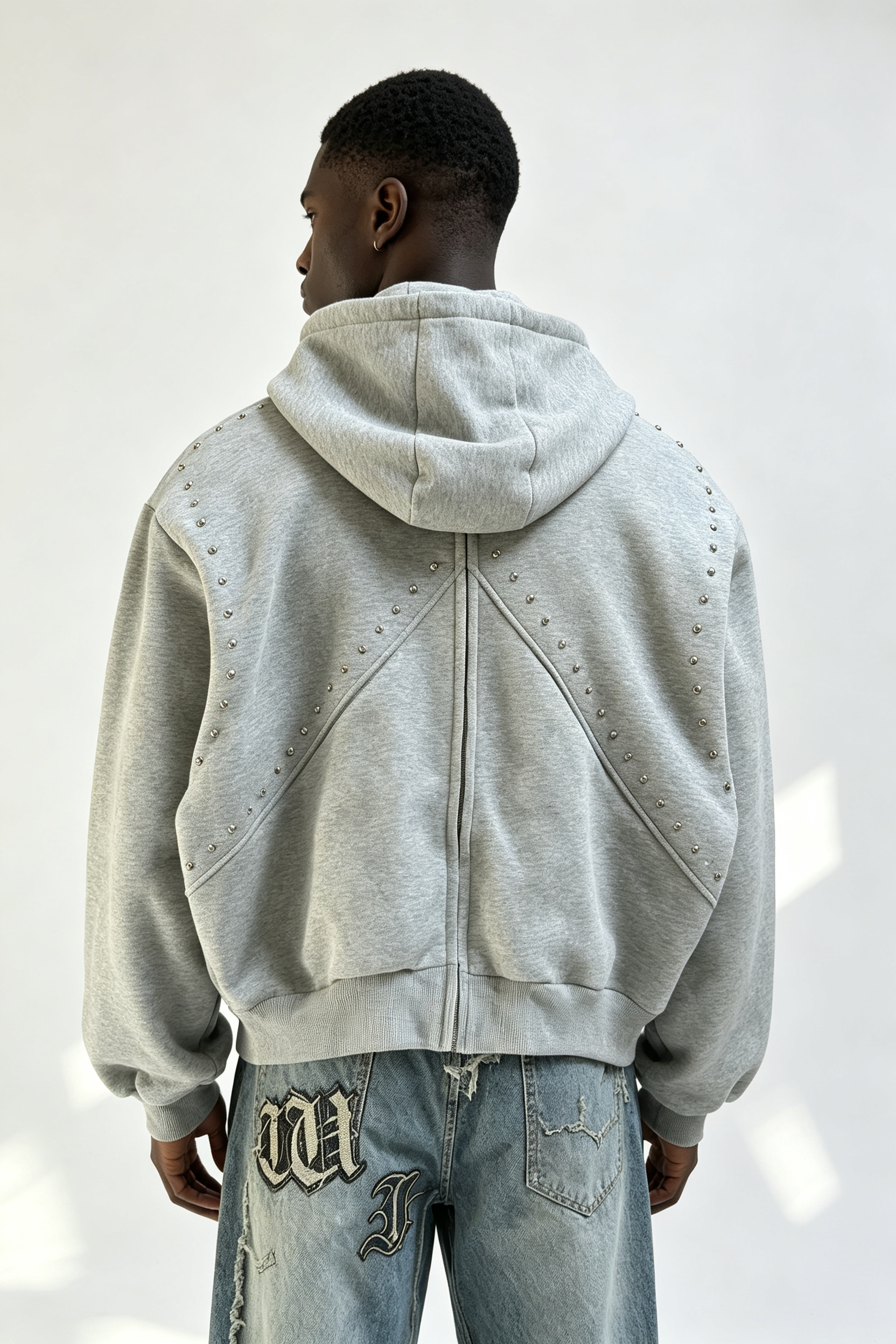 Custom Men Grey Studded Zip Up Hoodie, Metal Rivet Decor Heavy Fleece Cropped Oversized Streetwear Jacket
