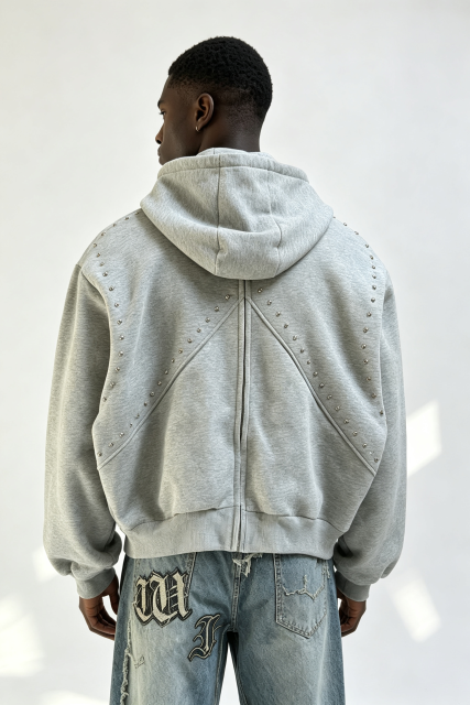 Custom Men Grey Studded Zip Up Hoodie, Metal Rivet Decor Heavy Fleece Cropped Oversized Streetwear Jacket