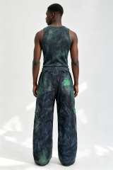 Custom Men Vintage Acid Wash Wide Leg Cargo Pants, Gradient Green Crinkle Fabric Multi-Pocket Streetwear Trousers