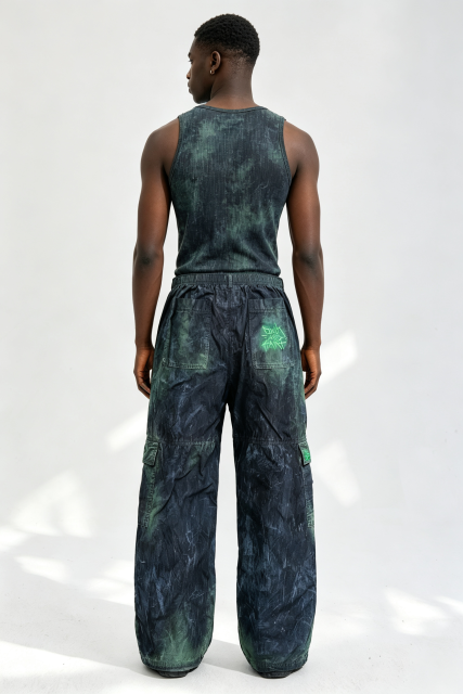 Custom Men Vintage Acid Wash Wide Leg Cargo Pants, Gradient Green Crinkle Fabric Multi-Pocket Streetwear Trousers