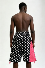 Custom Men Polka Dot Streetwear Shorts, Contrast Pink Cargo Panel Loose Fit Casual Shorts
