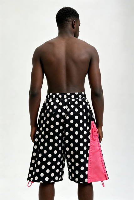 Custom Men Polka Dot Streetwear Shorts, Contrast Pink Cargo Panel Loose Fit Casual Shorts