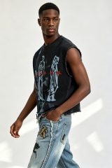 Custom Men Vintage Distressed Sleeveless Tank Top, Grunge Figure Print Raw Edge Cropped Streetwear Vest