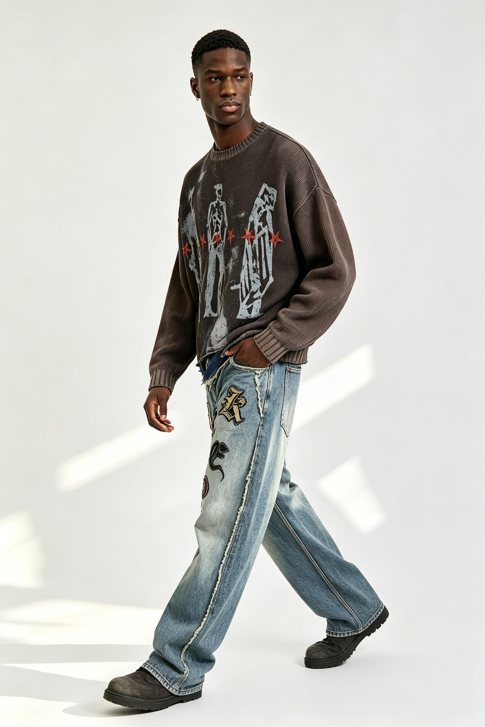 Custom Men Vintage Washed Crewneck Knit Sweater, Grunge Figure Print Distressed Streetwear Jumper
