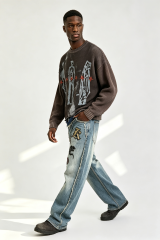 Custom Men Vintage Washed Crewneck Knit Sweater, Grunge Figure Print Distressed Streetwear Jumper
