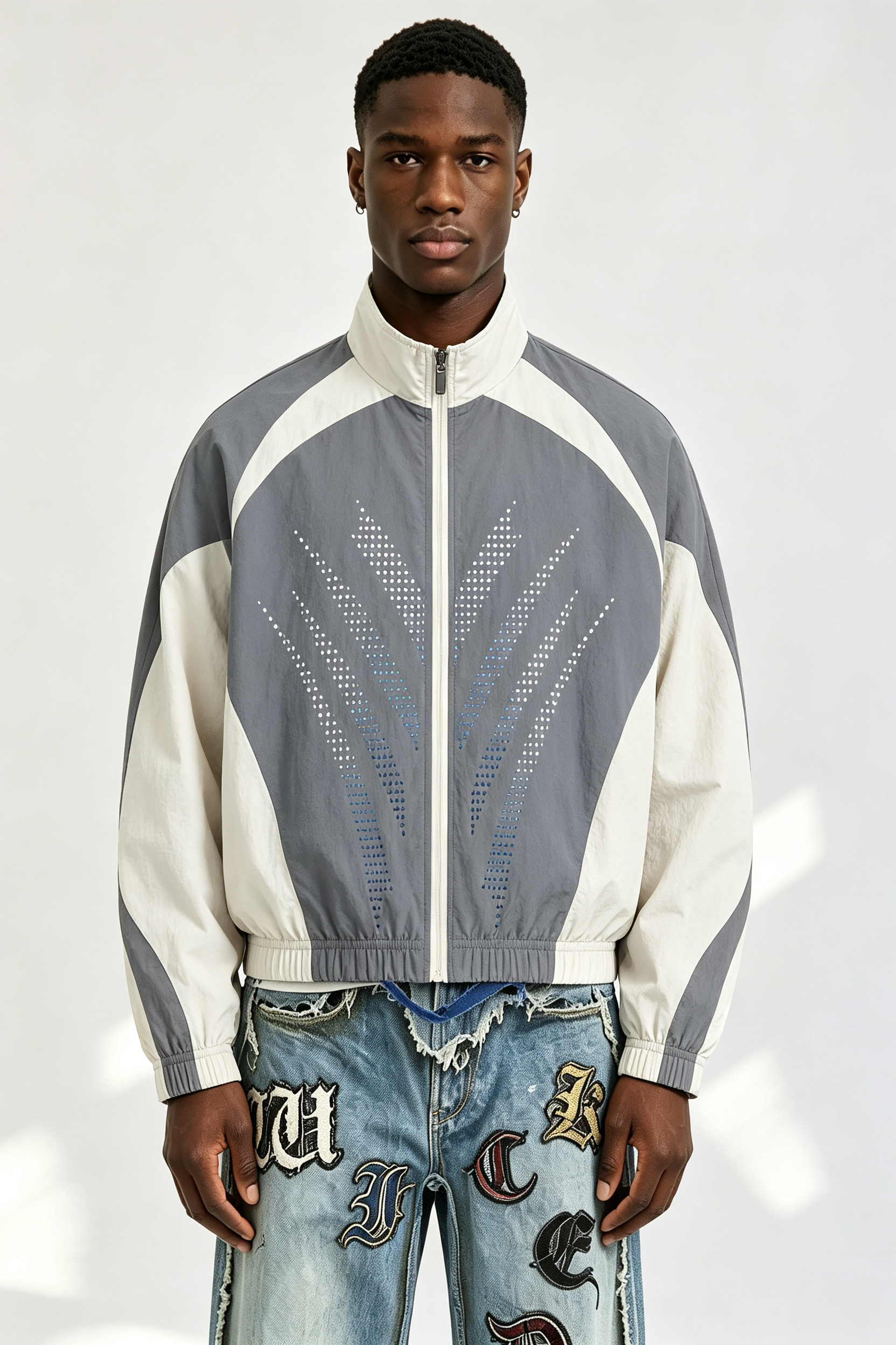 Custom Men Color Block Rhinestone Track Jacket, Stand Collar Zip Up Retro Streetwear Windbreaker