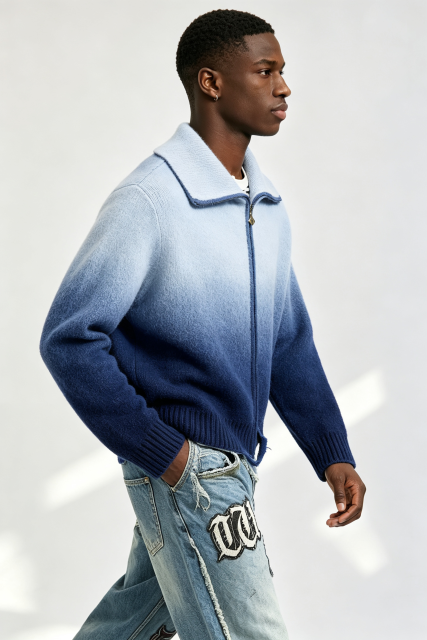 Custom Men Gradient Blue Zip Up Knit Cardigan, Lapel Collar Boxy Streetwear Sweater Jacket