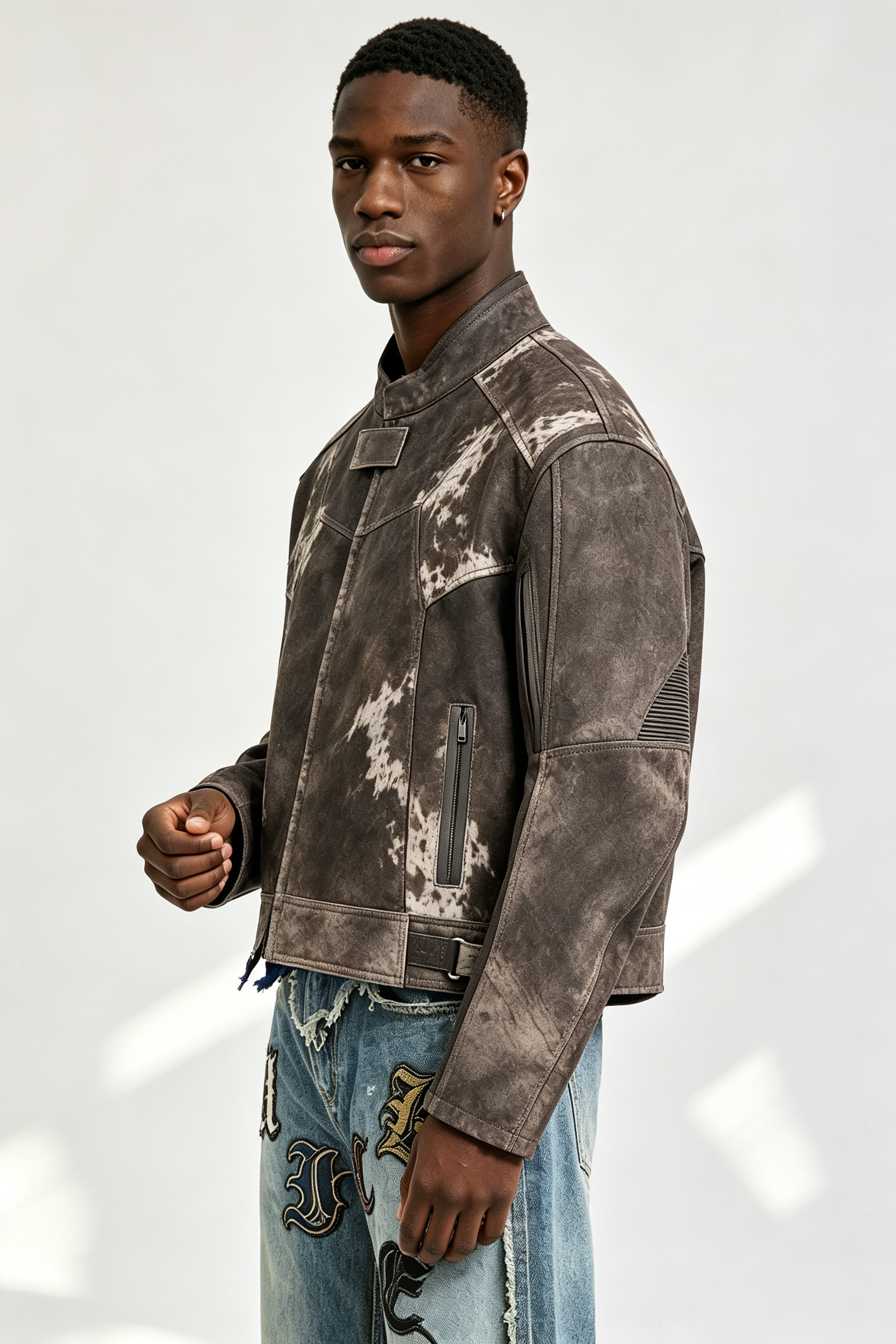 Custom Men Vintage Distressed Cow Print Faux Leather Moto Biker Jacket, Stand Collar Cropped Streetwear Jacket