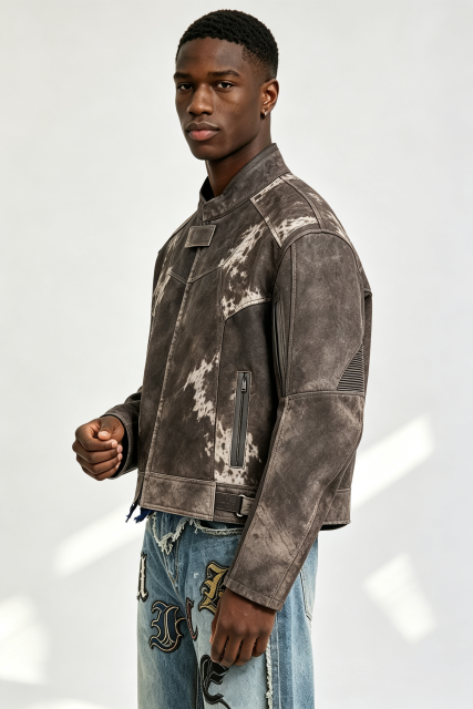Custom Men Vintage Distressed Cow Print Faux Leather Moto Biker Jacket, Stand Collar Cropped Streetwear Jacket
