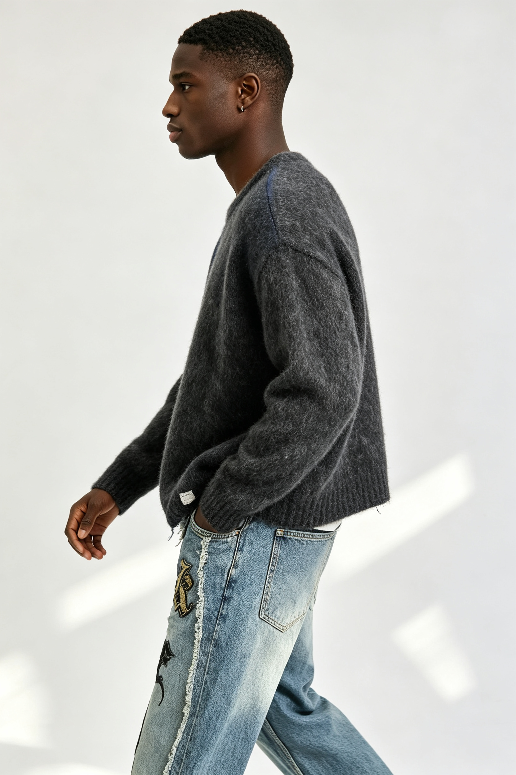 Custom Men Distressed Fuzzy Knit Crewneck Sweater, Vintage Washed Boxy Streetwear Pullover