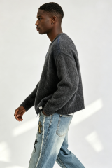 Custom Men Distressed Fuzzy Knit Crewneck Sweater, Vintage Washed Boxy Streetwear Pullover