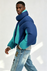 Custom Men Gradient Spray Paint Cropped Puffer Jacket, High Collar Oversized Streetwear Bubble Coat