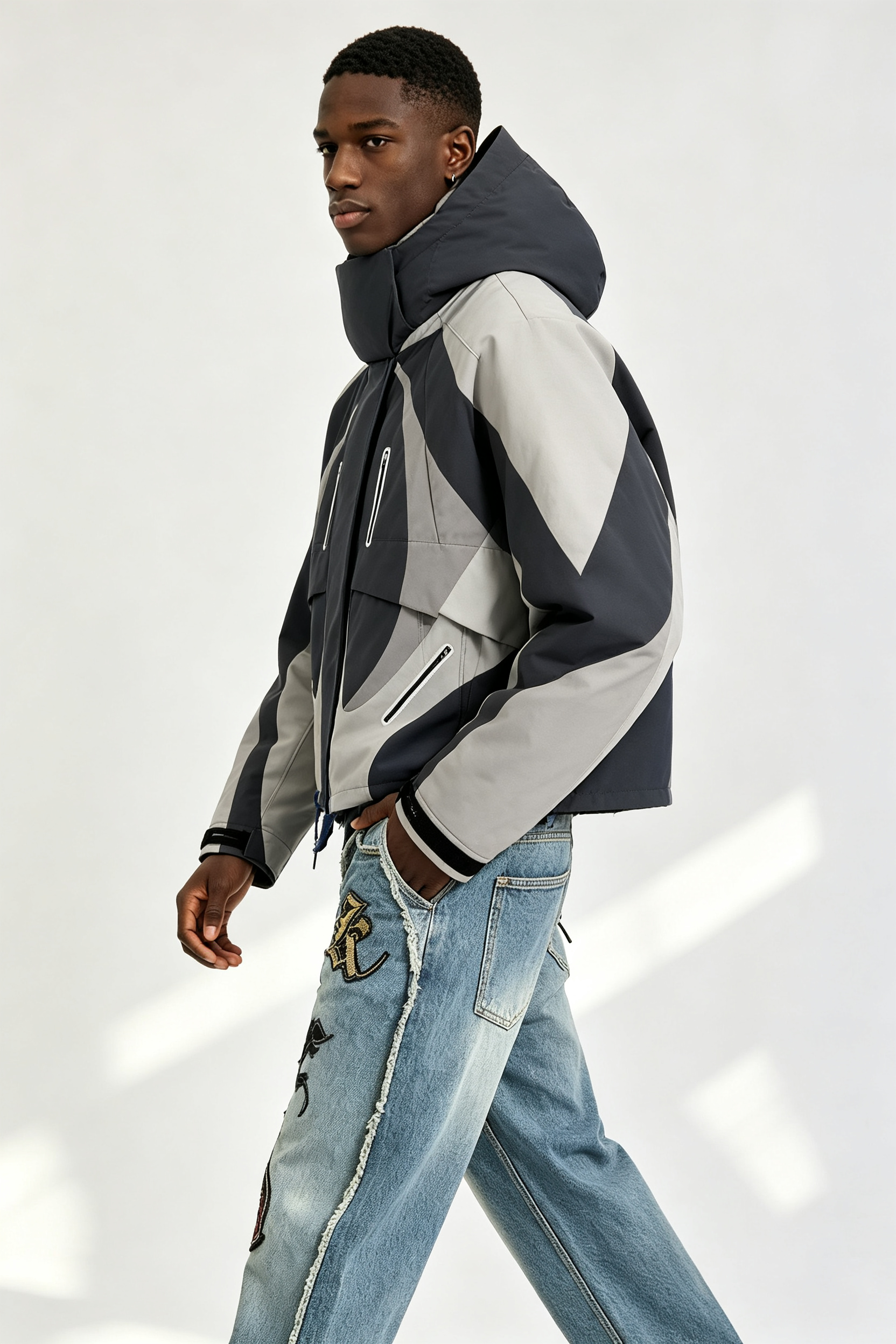 Custom Men Geometric Color Block Hooded Techwear Jacket, Cropped Outdoor Streetwear Windbreaker