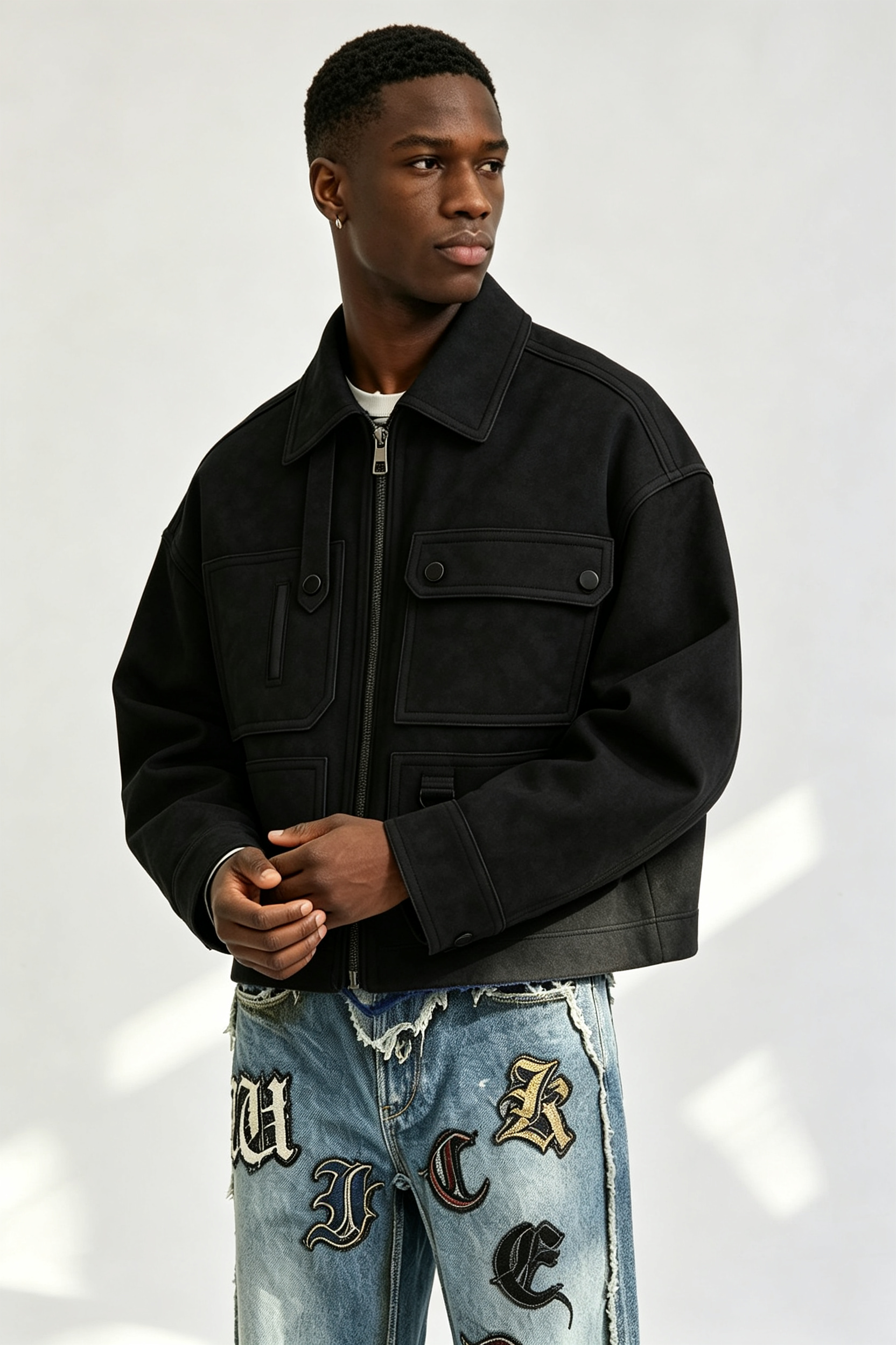 Custom Men Black Multi-Pocket Utility Cargo Jacket, Lapel Collar Cropped Streetwear Suede Jacket
