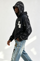 Custom Men Vintage Washed Sketch Print Zip Up Hoodie, Studded Patchwork Streetwear Full Zip Hooded Jacket