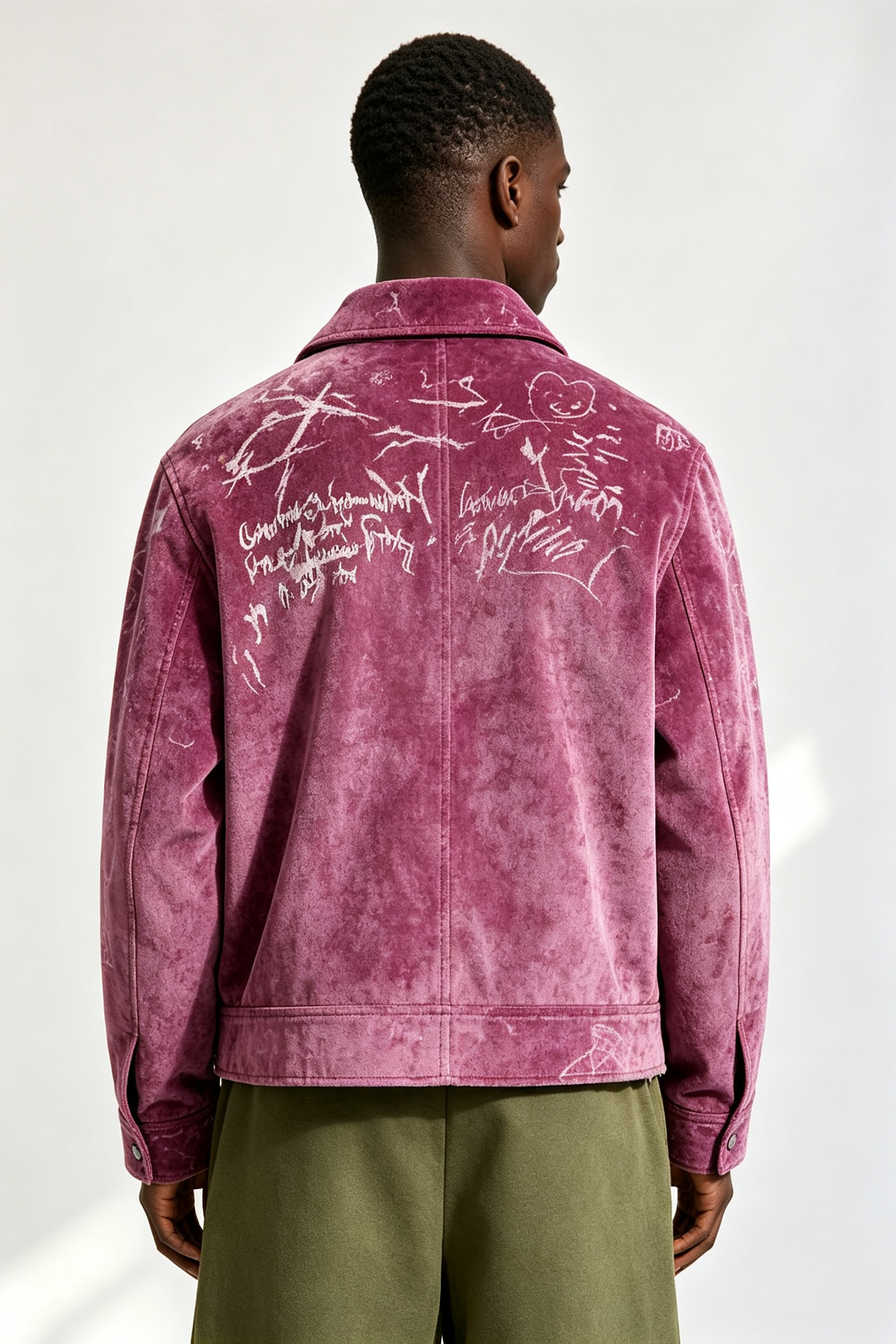 Custom Men Purple Velvet Graffiti Sketch Zip Jacket, Lapel Collar Cropped Streetwear Velour Coat