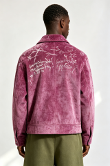Custom Men Purple Velvet Graffiti Sketch Zip Jacket, Lapel Collar Cropped Streetwear Velour Coat
