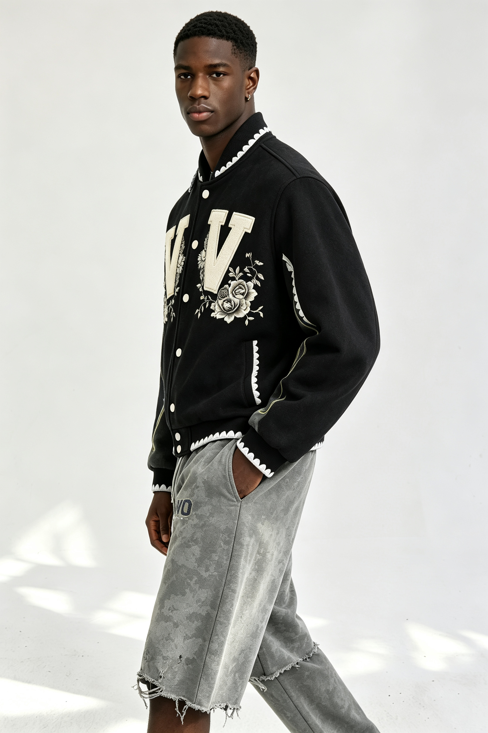 Custom Men Floral Letter Applique Varsity Jacket, Black Wool Blend Streetwear Baseball Coat
