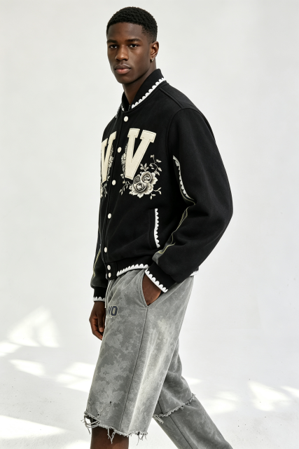 Custom Men Floral Letter Applique Varsity Jacket, Black Wool Blend Streetwear Baseball Coat
