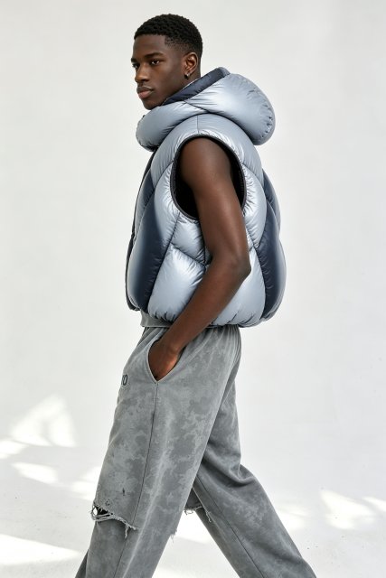 Custom Men Gradient Puffer Hooded Vest, Sleeveless Cropped Streetwear Quilted Gilet