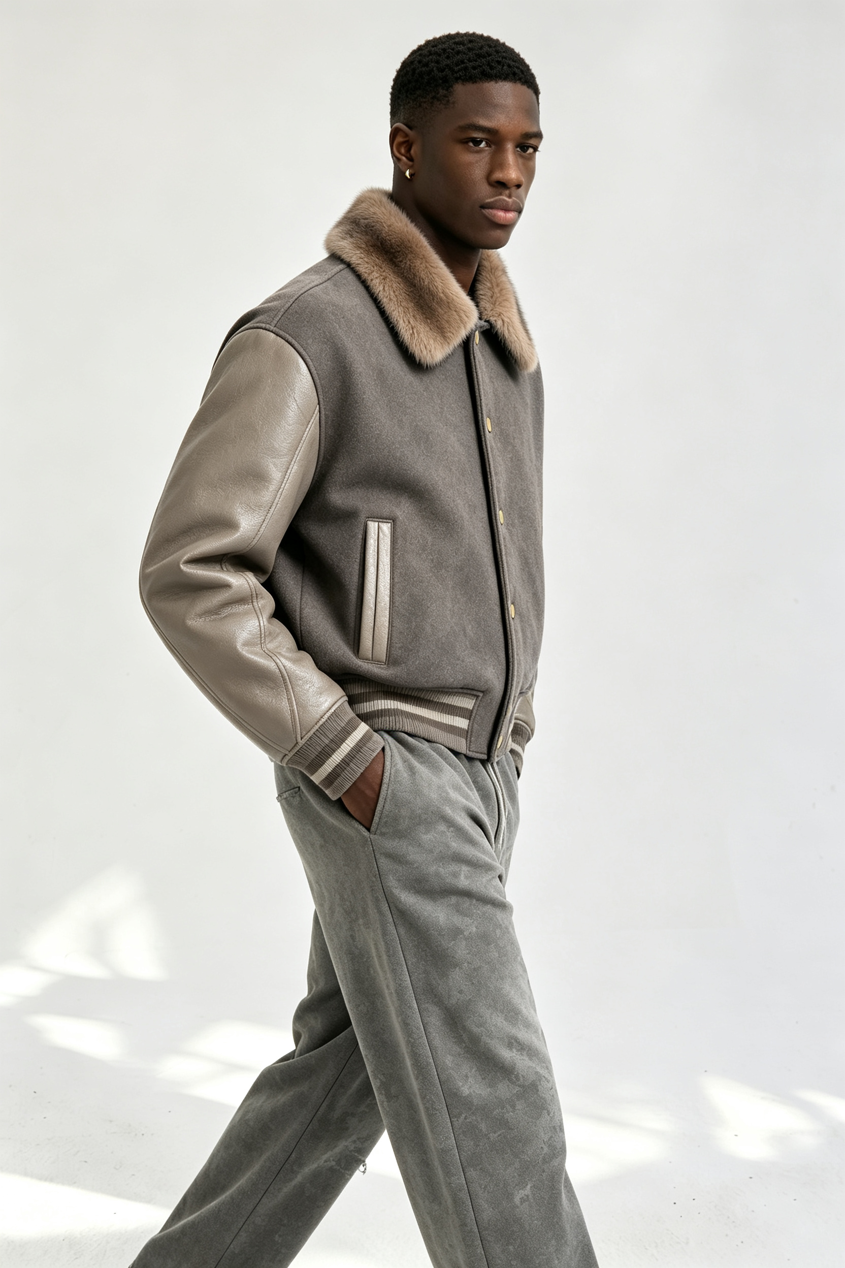 Custom Men Fur Collar Wool Blend Varsity Jacket, Leather Sleeve Vintage Streetwear Baseball Coat