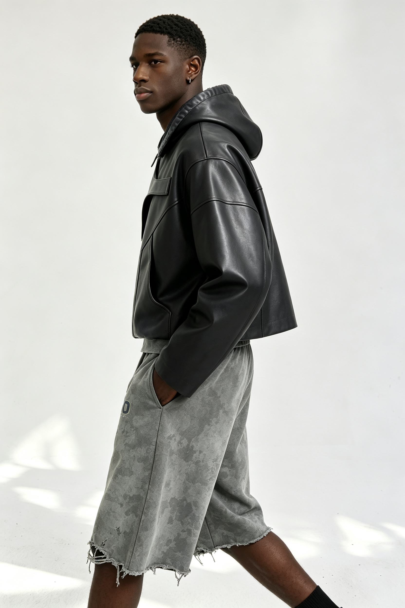 Custom Men Asymmetric Panel Faux Leather Hoodie, Cropped Black Streetwear PU Hooded Jacket