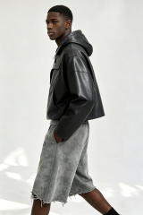 Custom Men Asymmetric Panel Faux Leather Hoodie, Cropped Black Streetwear PU Hooded Jacket