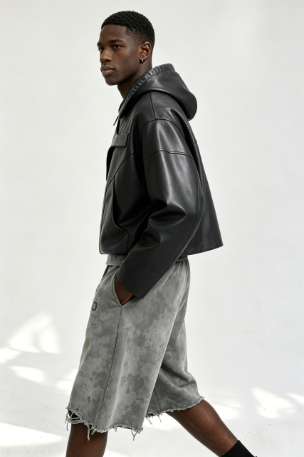 Custom Men Asymmetric Panel Faux Leather Hoodie, Cropped Black Streetwear PU Hooded Jacket