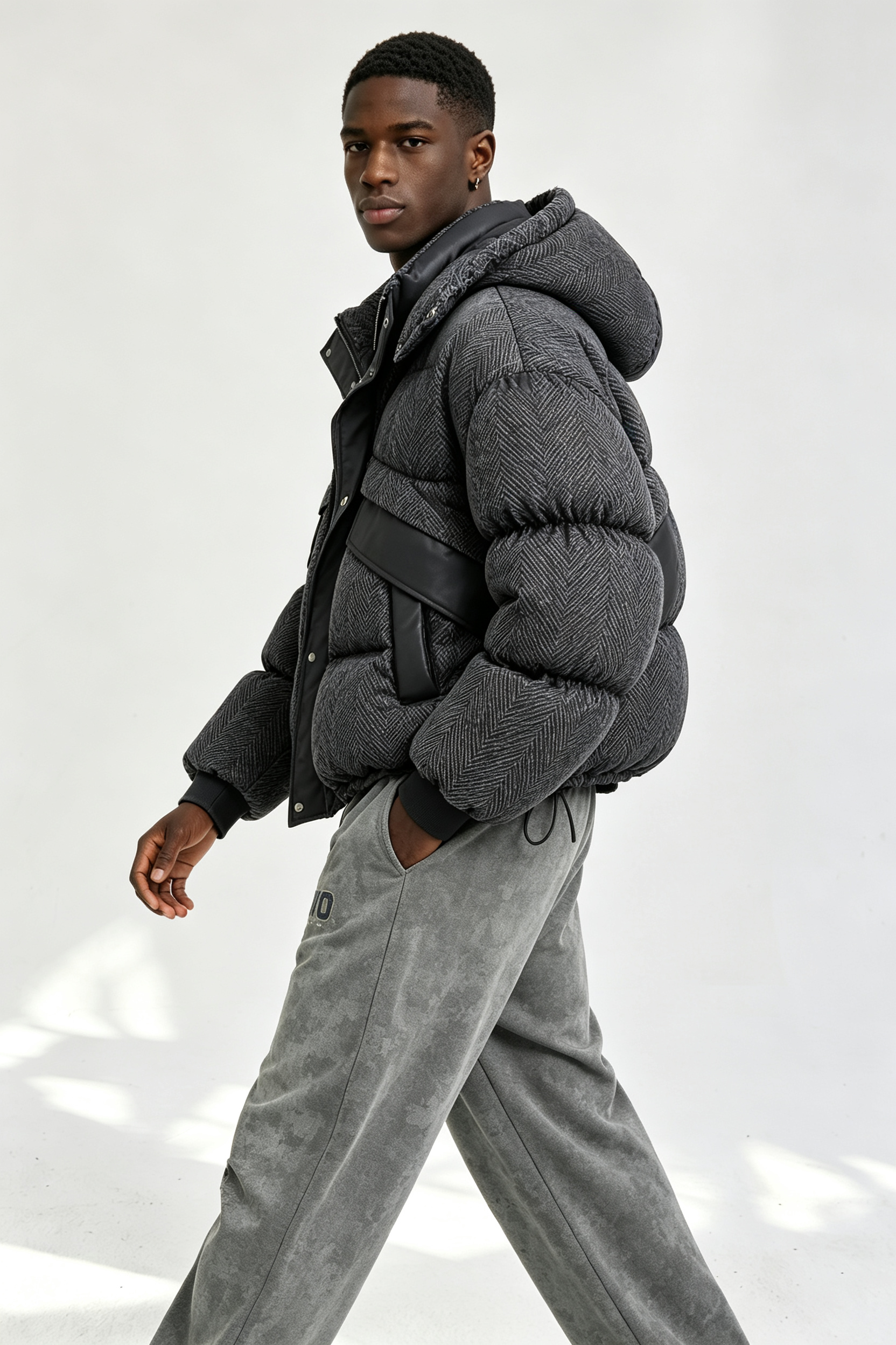 Custom Men Herringbone Hooded Puffer Jacket, Mixed Fabric Quilted Winter Streetwear Coat