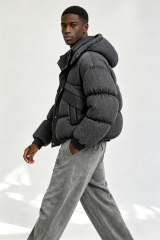 Custom Men Herringbone Hooded Puffer Jacket, Mixed Fabric Quilted Winter Streetwear Coat