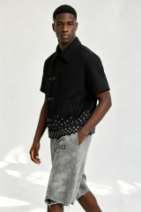 Custom Men Buckle Fasten Short Sleeve Jacket, Black Geometric Embroidery Streetwear Cropped Shirt Coat