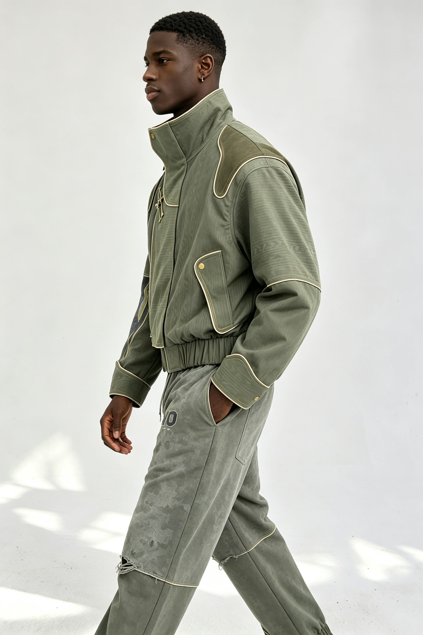 Custom Men Chinese Frog Button Stand Collar Jacket, Flame Print Sleeve Retro Streetwear Oversized Bomber