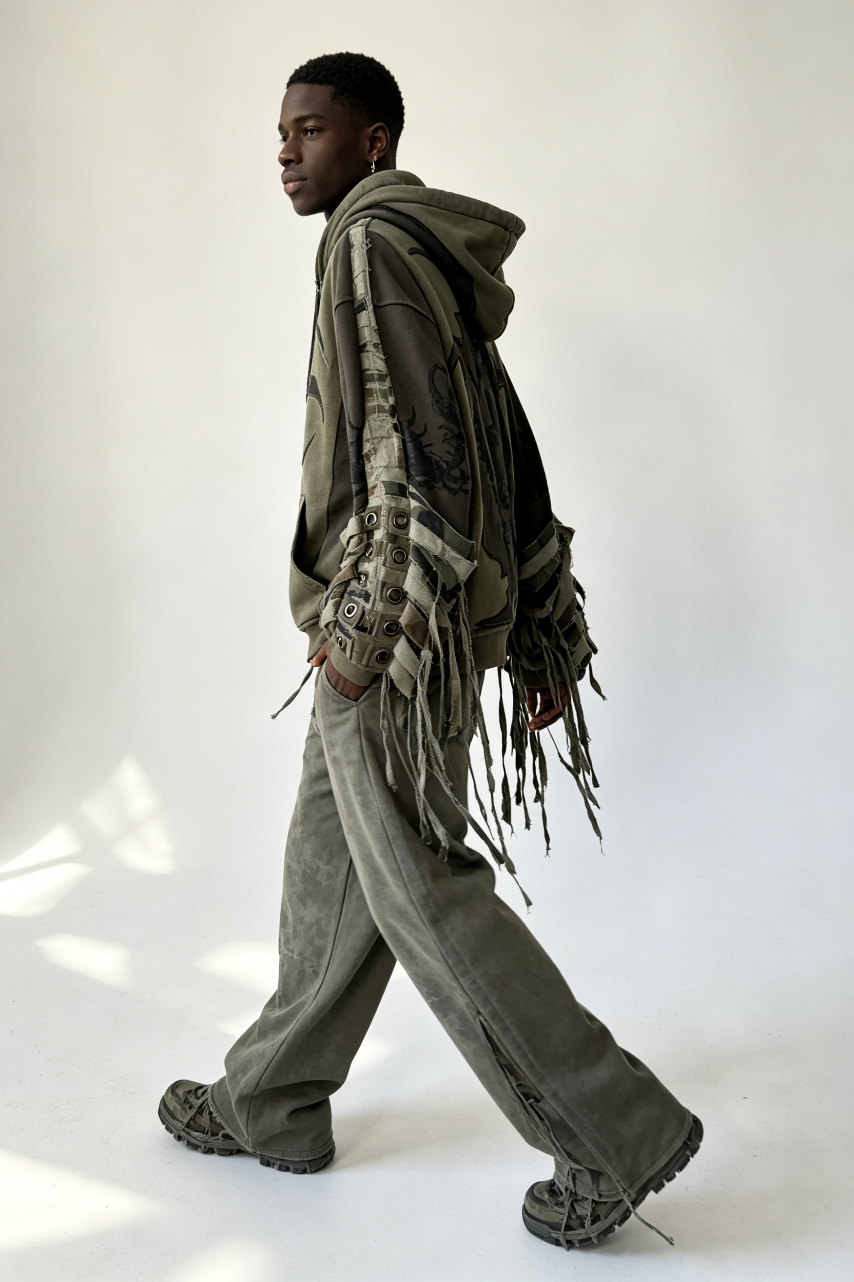 Custom Men Patchwork Fringe Zip Up Hoodie, Distressed Camo Splicing Streetwear Oversized Hooded Jacket