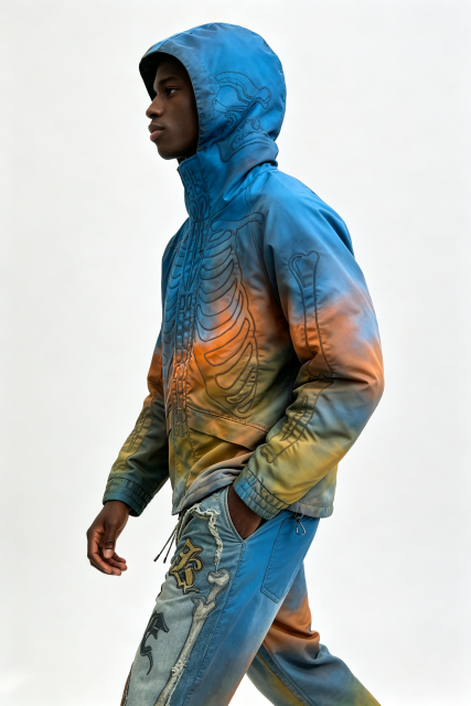 Custom Men Gradient Skeleton Embroidery Hooded Jacket, Tie Dye Skull Bones Streetwear Oversized Windbreaker