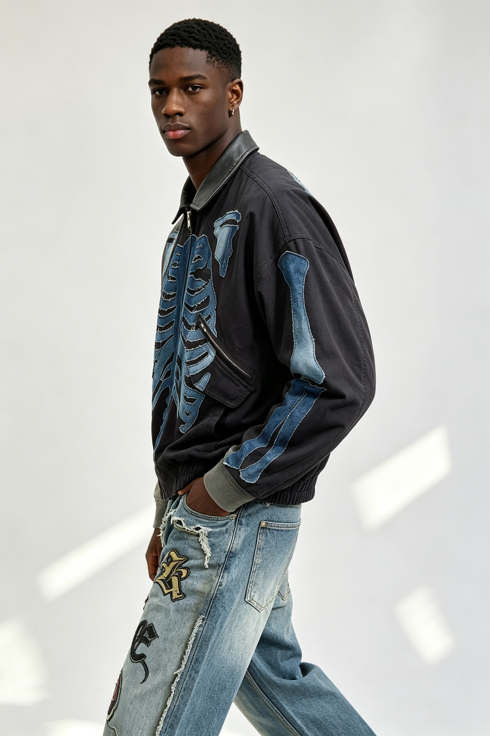 Custom Men Skeleton Denim Patch Bomber Jacket, Leather Collar Raw Edge Bone Applique Streetwear Oversized Jacket