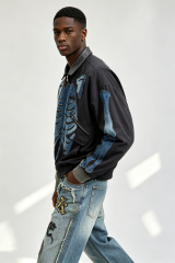 Custom Men Skeleton Denim Patch Bomber Jacket, Leather Collar Raw Edge Bone Applique Streetwear Oversized Jacket