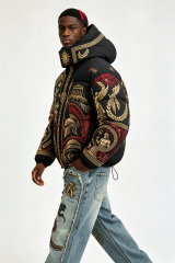 Custom Men Greek Mythology Print Hooded Puffer Jacket, Ancient Roman God Graphic Oversized Winter Padded Coat