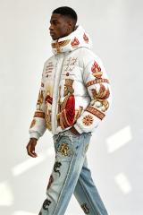 Custom Men Persian Ancient Civilization Print Hooded Puffer Jacket, King & Winged Beast Graphic Oversized Winter Padded Coat