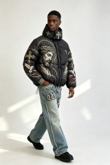 Custom Men Religious Gothic Cross Rose Hooded Puffer Jacket, Jesus Graphic Embroidery Winter Streetwear Oversized Padded Coat