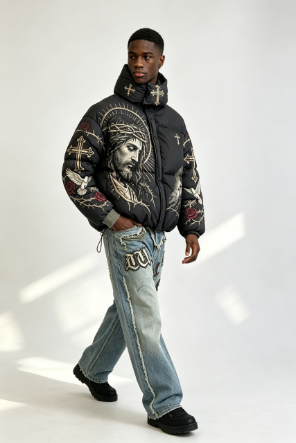 Custom Men Religious Gothic Cross Rose Hooded Puffer Jacket, Jesus Graphic Embroidery Winter Streetwear Oversized Padded Coat