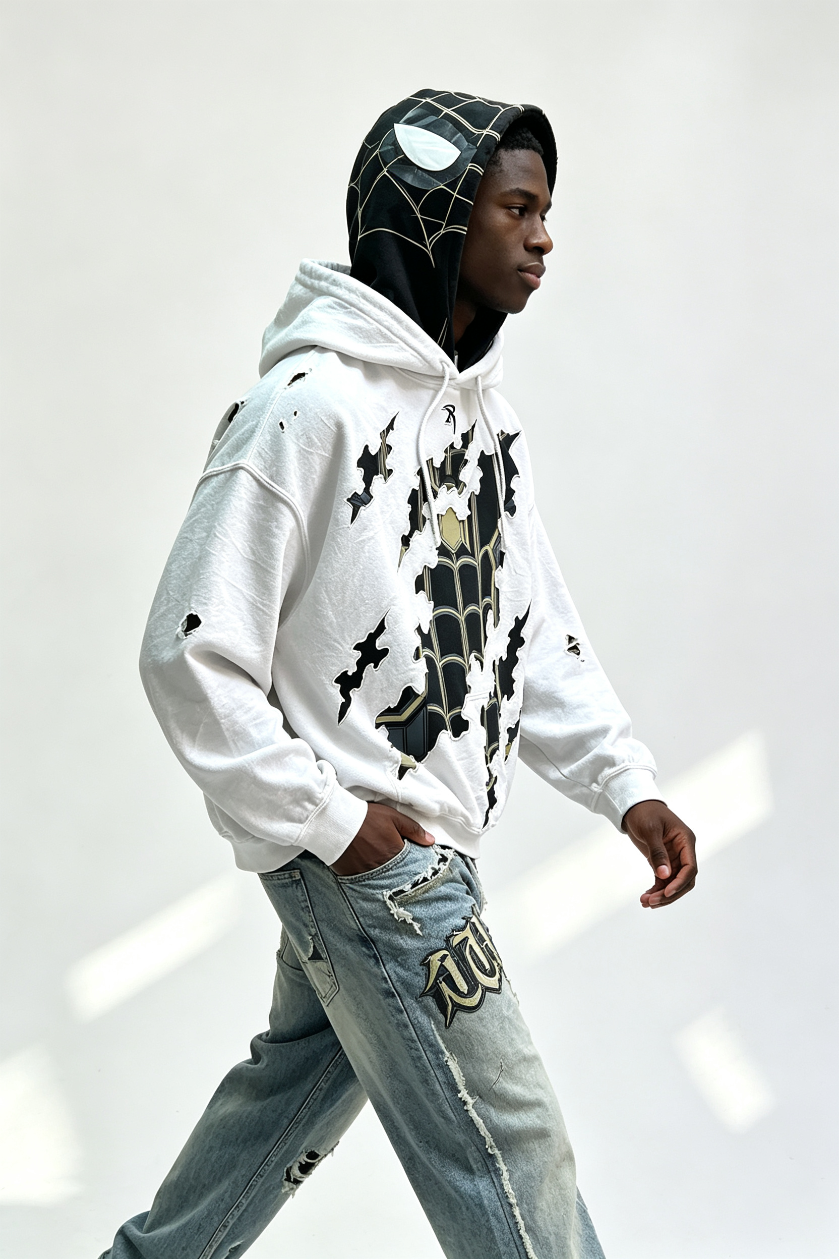 Custom Men Double Layer Spider Graphic Distressed Hoodie, Ripped Cutout Streetwear Oversized Pullover Hooded Sweatshirt