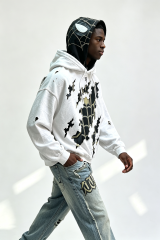 Custom Men Double Layer Spider Graphic Distressed Hoodie, Ripped Cutout Streetwear Oversized Pullover Hooded Sweatshirt