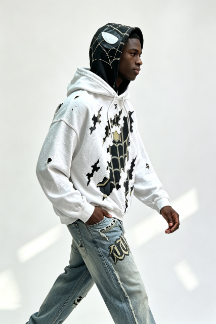 Custom Men Double Layer Spider Graphic Distressed Hoodie, Ripped Cutout Streetwear Oversized Pullover Hooded Sweatshirt