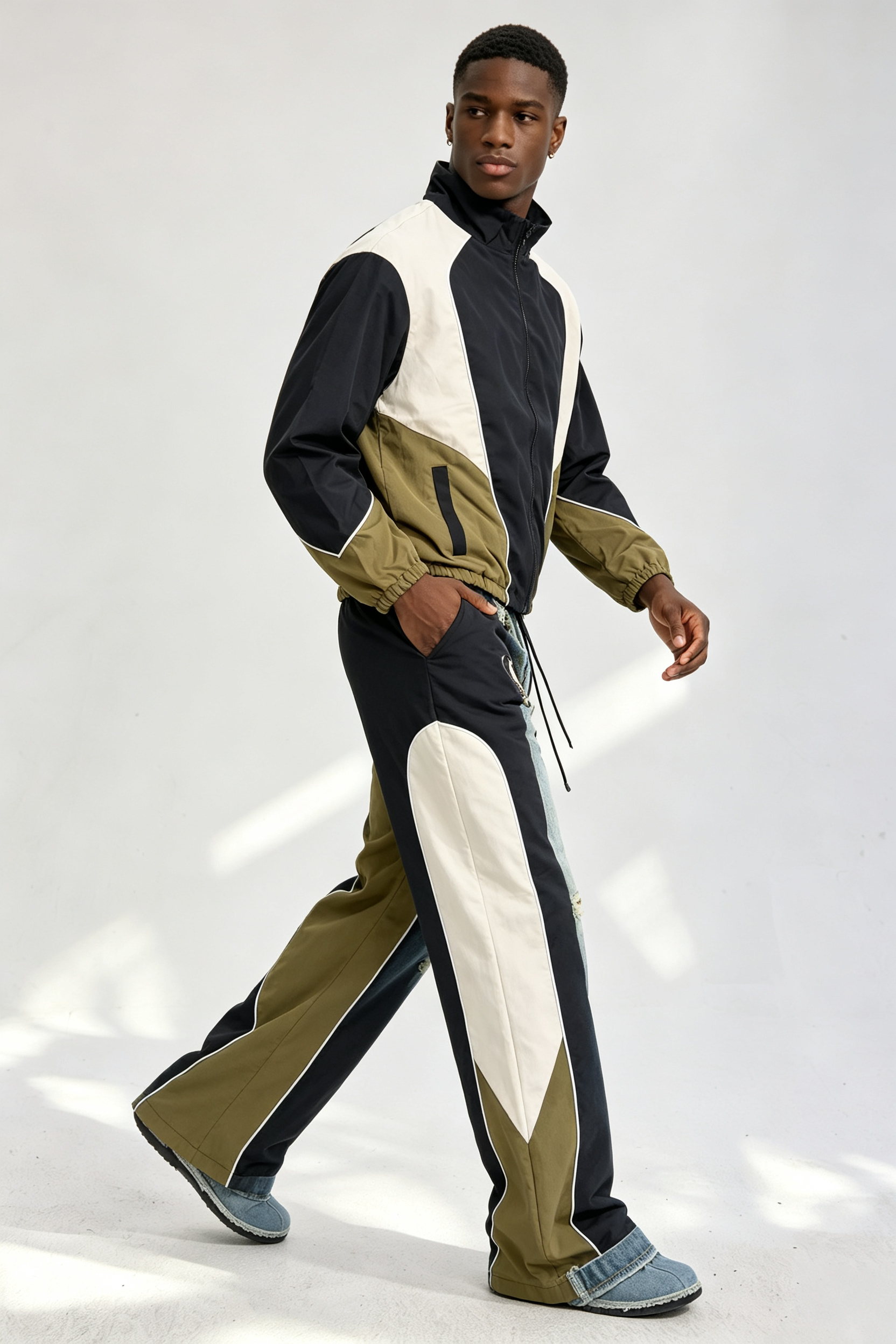 Custom Men Color Block Tracksuit Set, Retro Panel Windbreaker Jacket & Flare Pants 2 Piece Streetwear Outfit