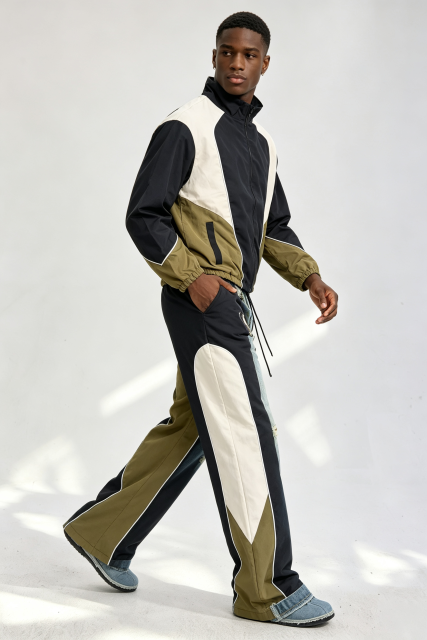 Custom Men Color Block Tracksuit Set, Retro Panel Windbreaker Jacket & Flare Pants 2 Piece Streetwear Outfit
