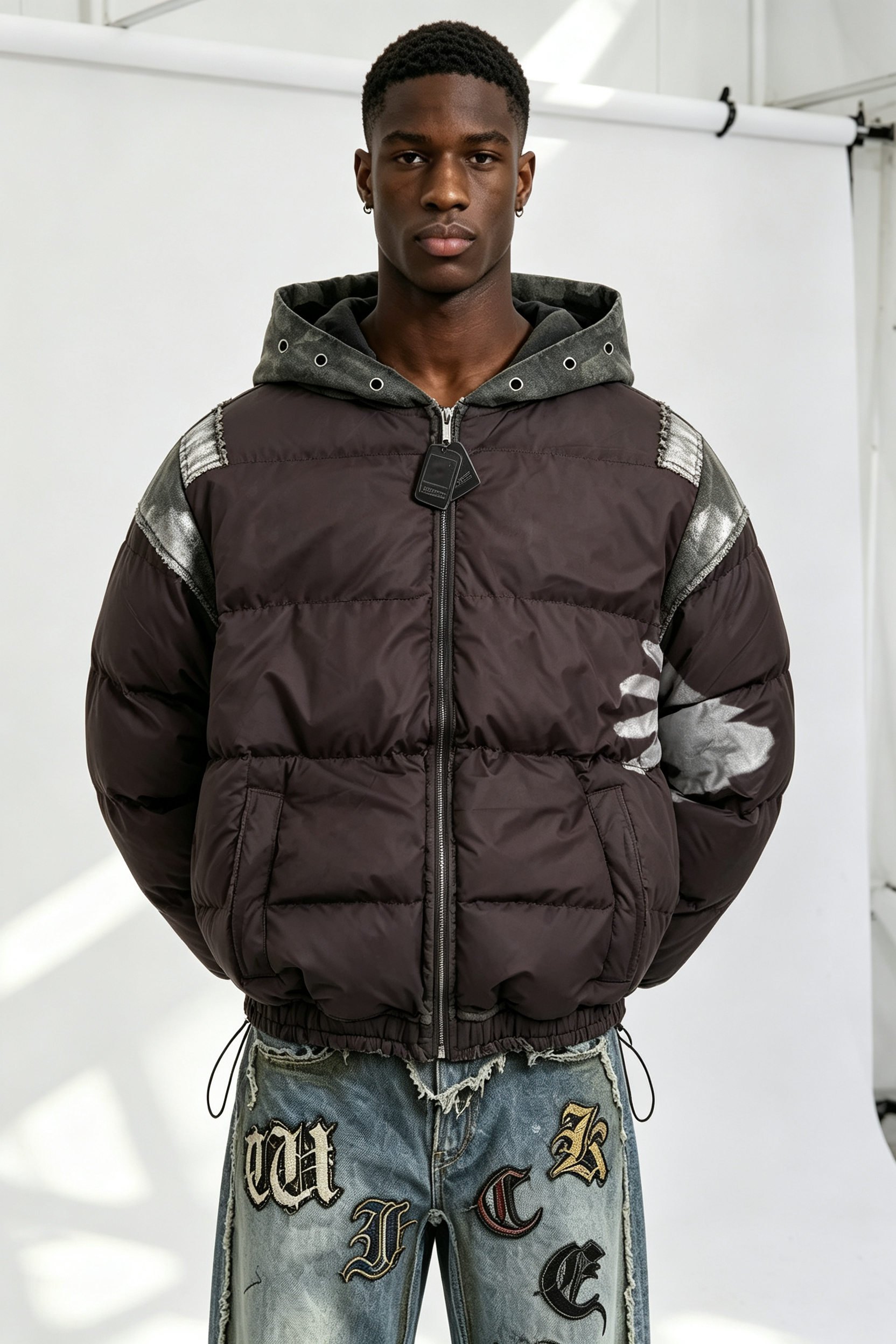Custom Men Vintage Washed Spliced Hooded Puffer Jacket, Denim Patchwork Distressed Streetwear Winter Padded Coat