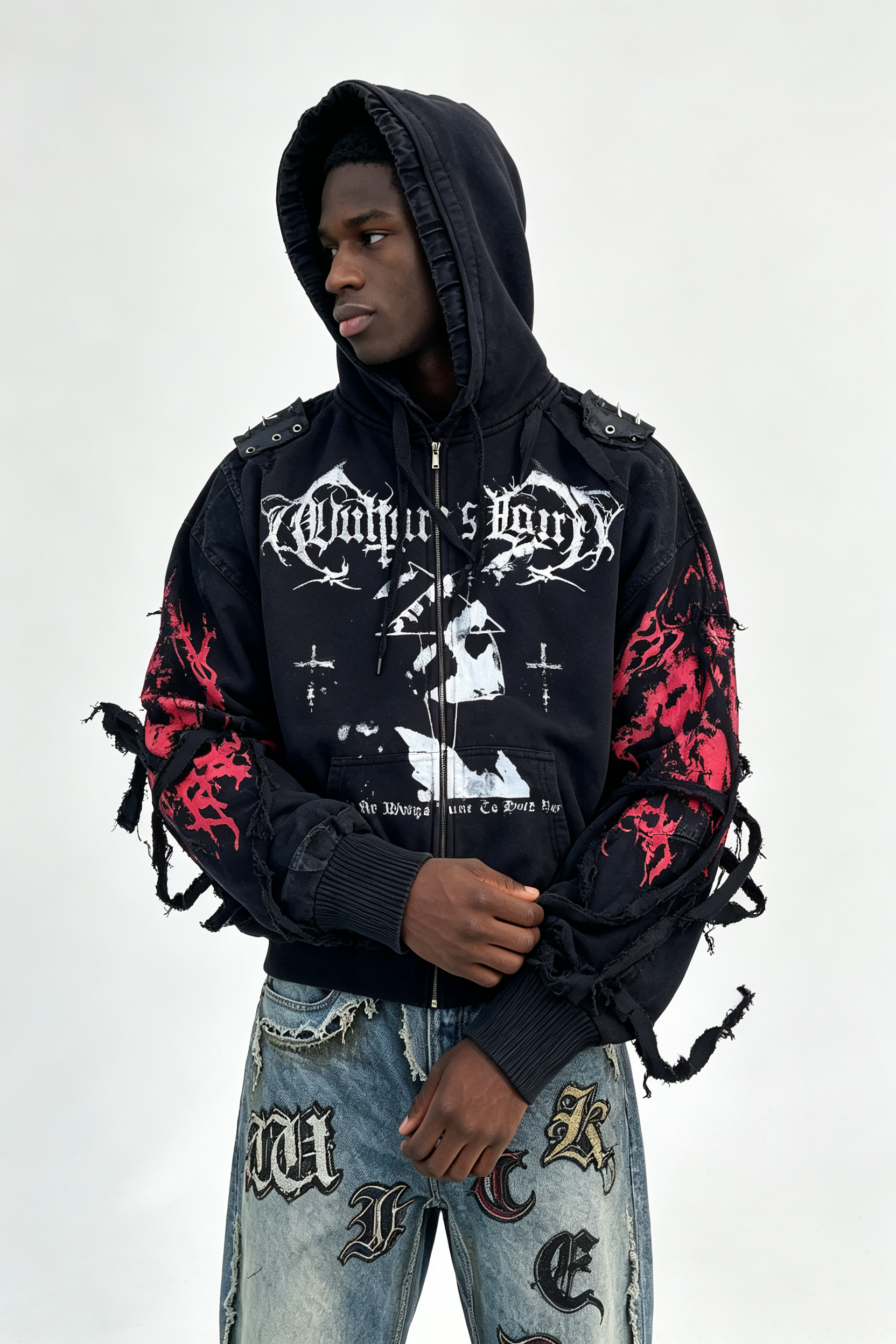 Custom Men Gothic Distressed Zip Up Hoodie, Spike Shoulder Strap Frayed Ribbon Dark Punk Streetwear Hooded Jacket